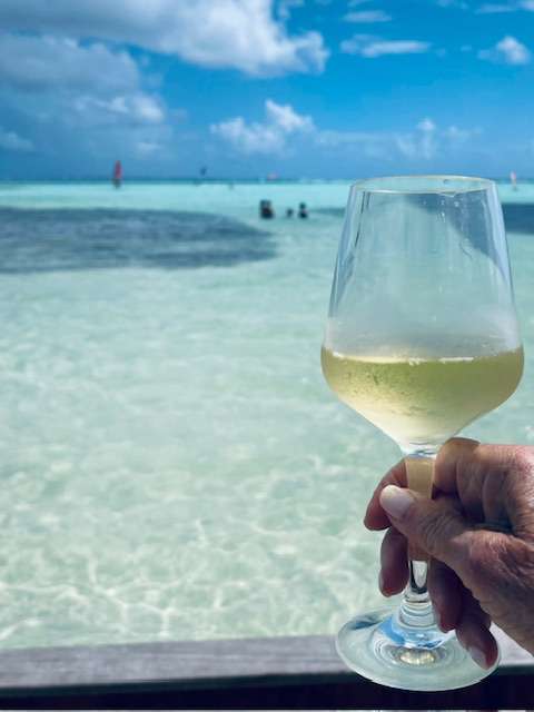Woman holding ice cold glass of white wine overlooking turquoise water looking across the bay with fluffy white clouds