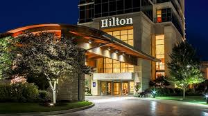 Hilton hotel entrance with evening lights