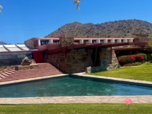 Modern stone house with pool and mountain view