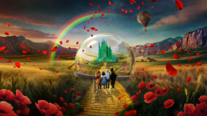 Emerald City under rainbow with surrounding poppy fields.