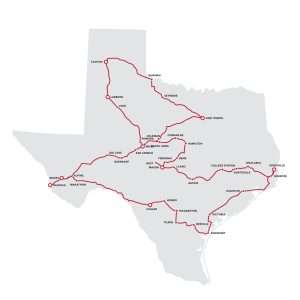 Road Trips in Texas: road trip map with major routes and cities.