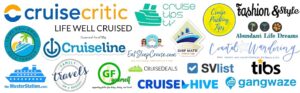 Logos of various cruise-related brands and services.
