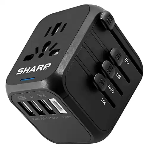 SHARP Universal Travel Adapter International Wall Charger Worldwide AC Plug Adaptor with 3 USB-A and 1 USB Type-C for USA EU UK AUS (Black)