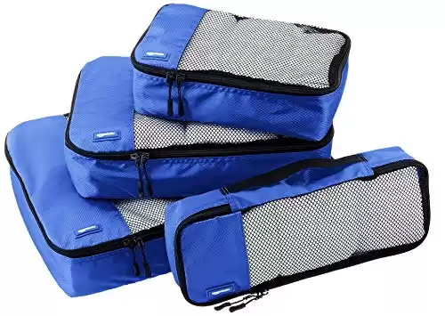 Amazon Basics 4 Piece Packing Travel Organizer Cubes Set, Small, Medium, Large, and Slim, Blue