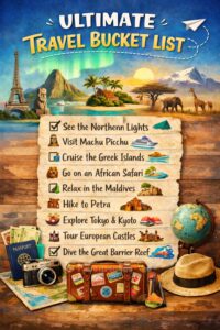 Ultimate travel bucket list with global landmarks illustration.