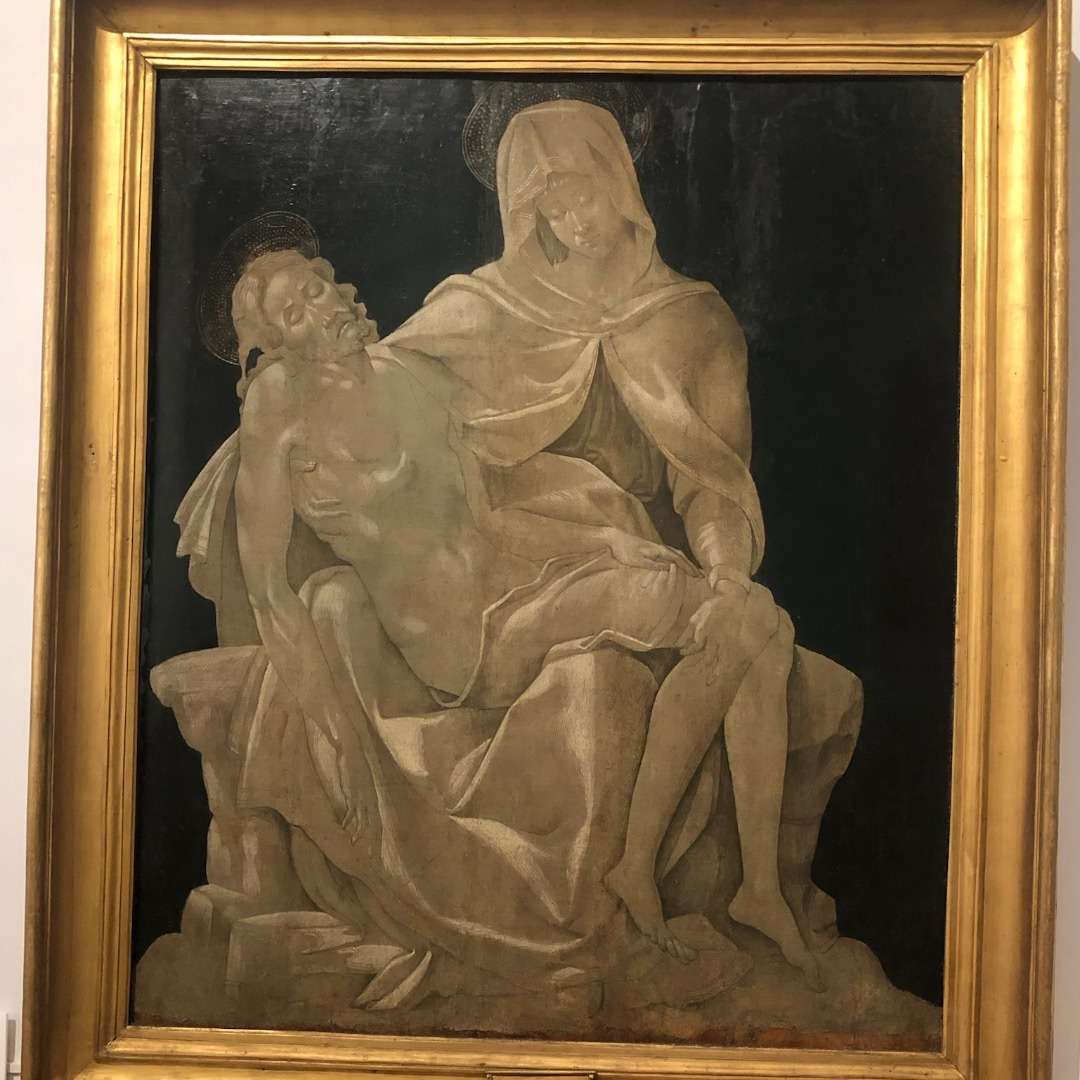 Painting of Virgin Mary holding a dying Jesus at Piazza Barberini in the Rione Tevi section of Rome