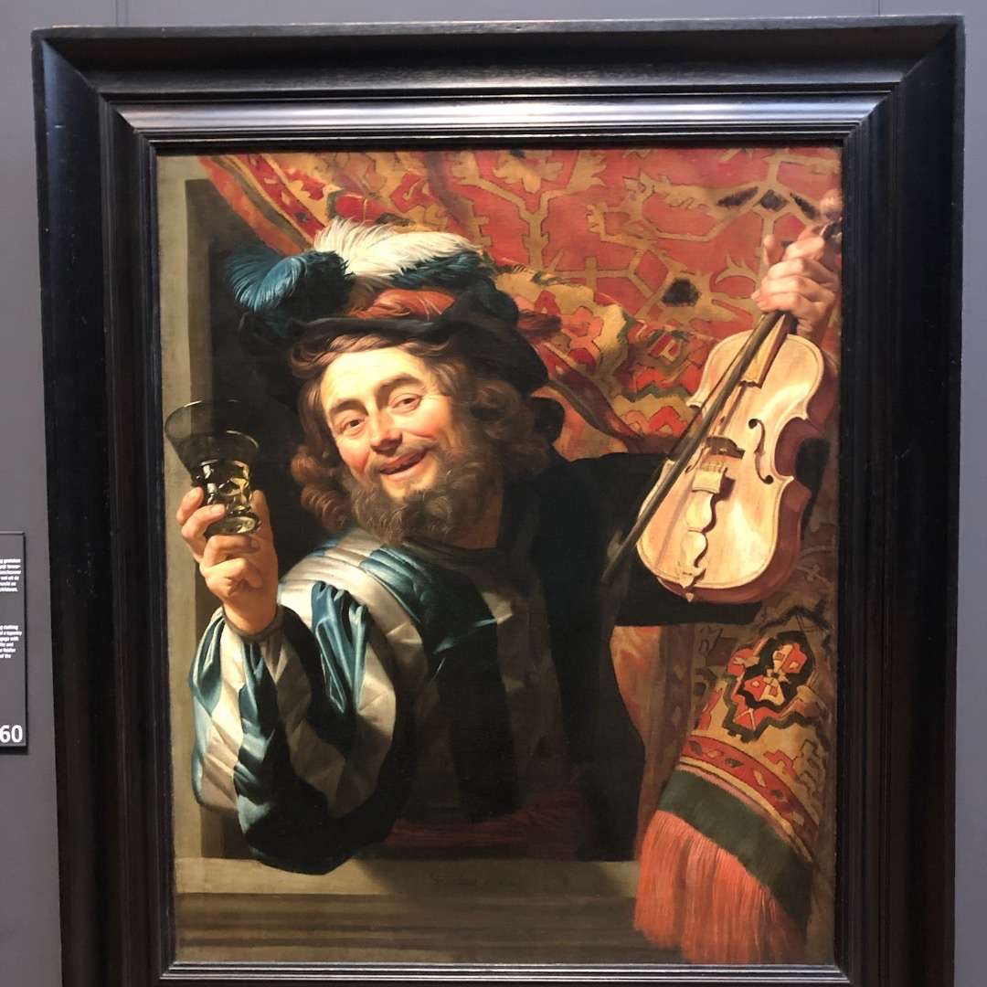 A happy Violin Player with a glass of Wine - painting