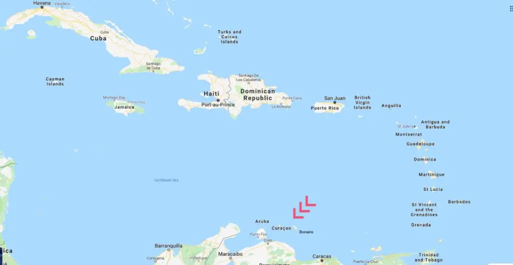 Map of Carribean, with three red arrows highlighting Aruba, Curacao and Bonaire