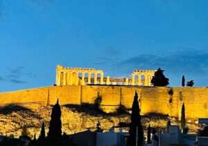 Illuminated Parthenon at twilight, Athens