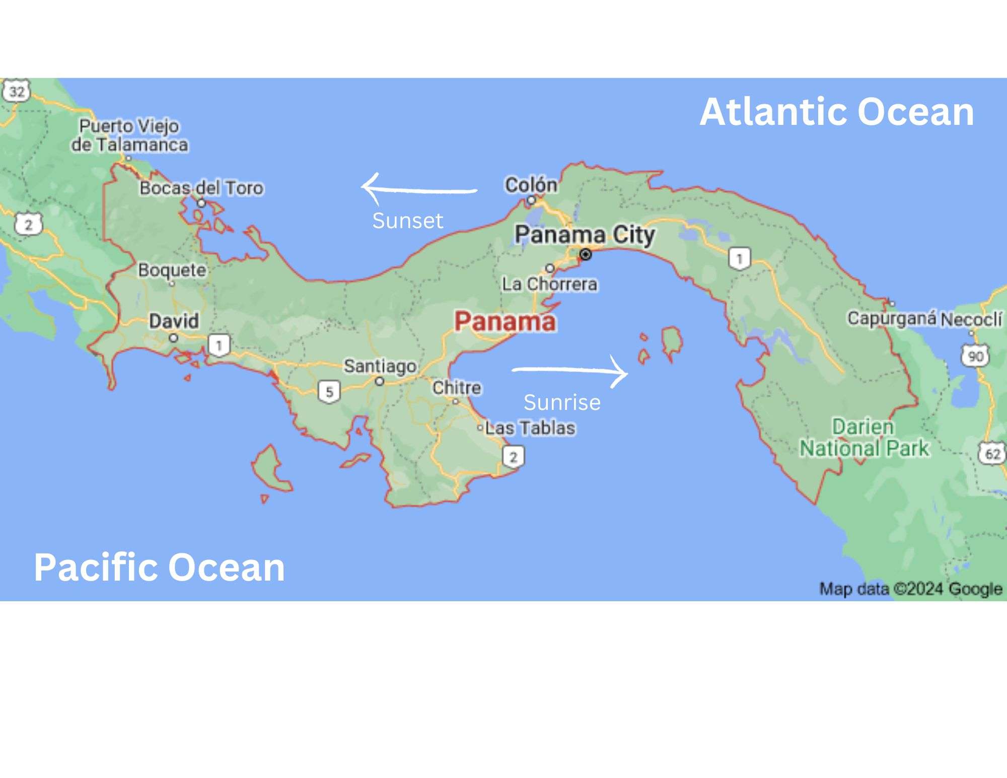 Map of Panama with arrows pointing left on Atlantic Ocean for sunset and right on Pacific Ocean for sunrise