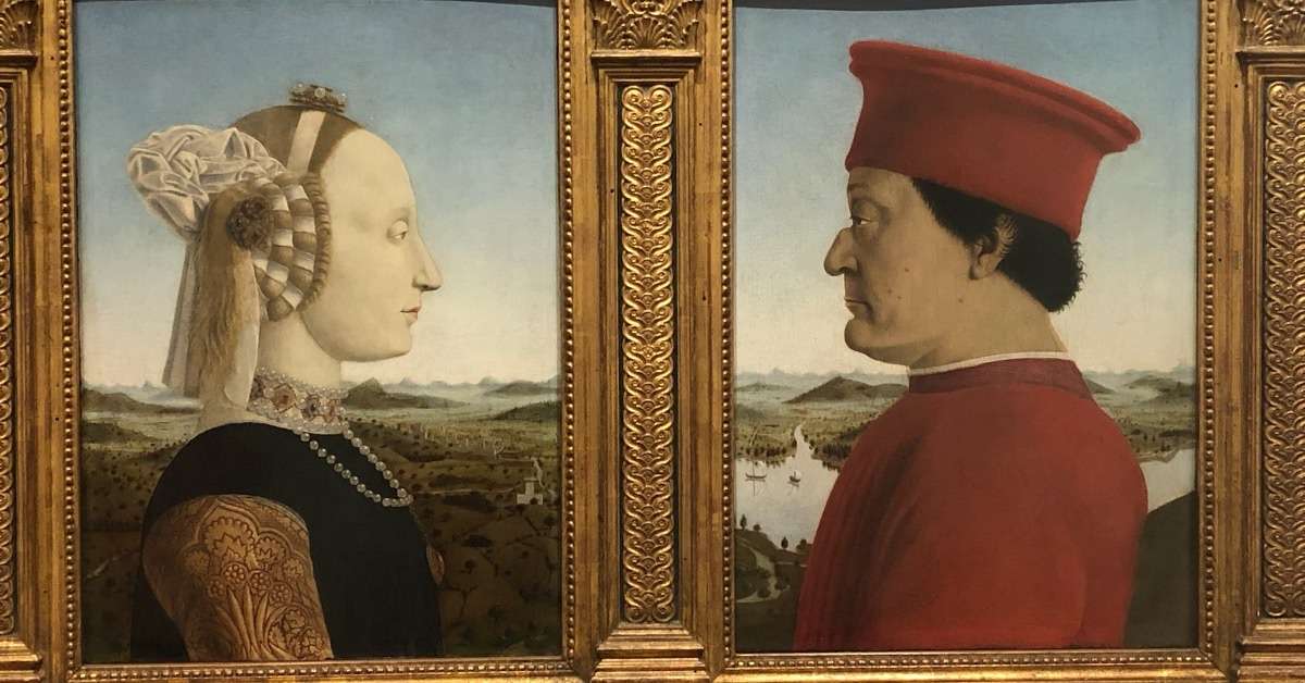 Matching two paintings of a woman and a man at the UIffizi in Florence