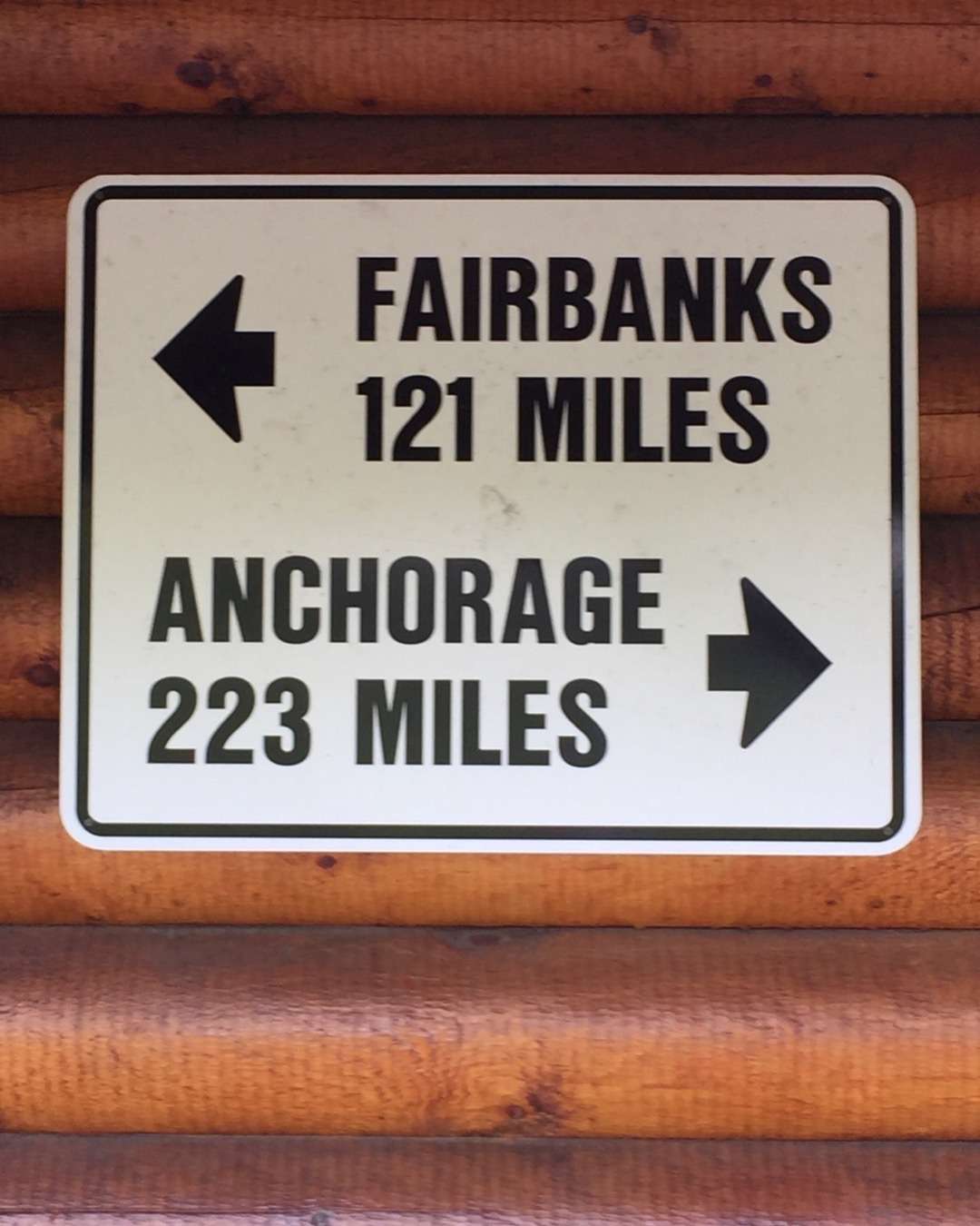 Fairbanks 121 miles; Anchorage 223 miles sign