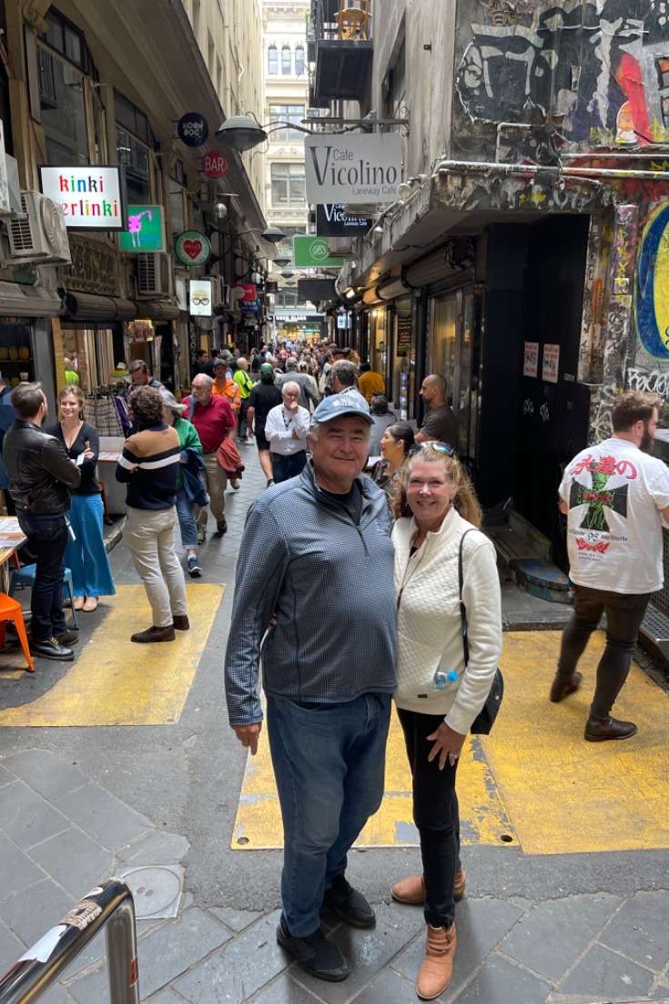 Cos and Robin in front of Laneway in Melbourne