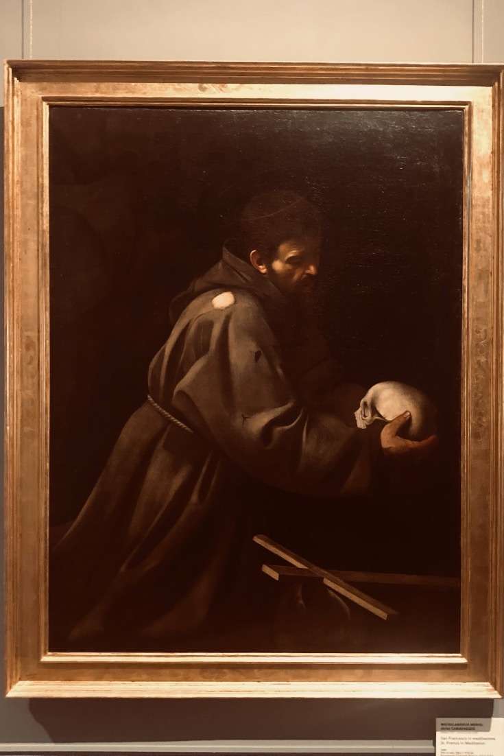 Painting with a dark background of a man dressed in dark brown at Barberini Plaza