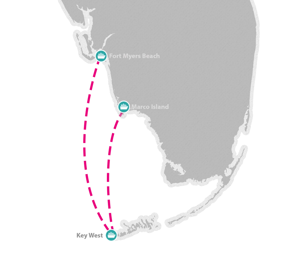 Route map for Key West Ferry showing departures from Fort Myers Beach and Marco Island to Key West