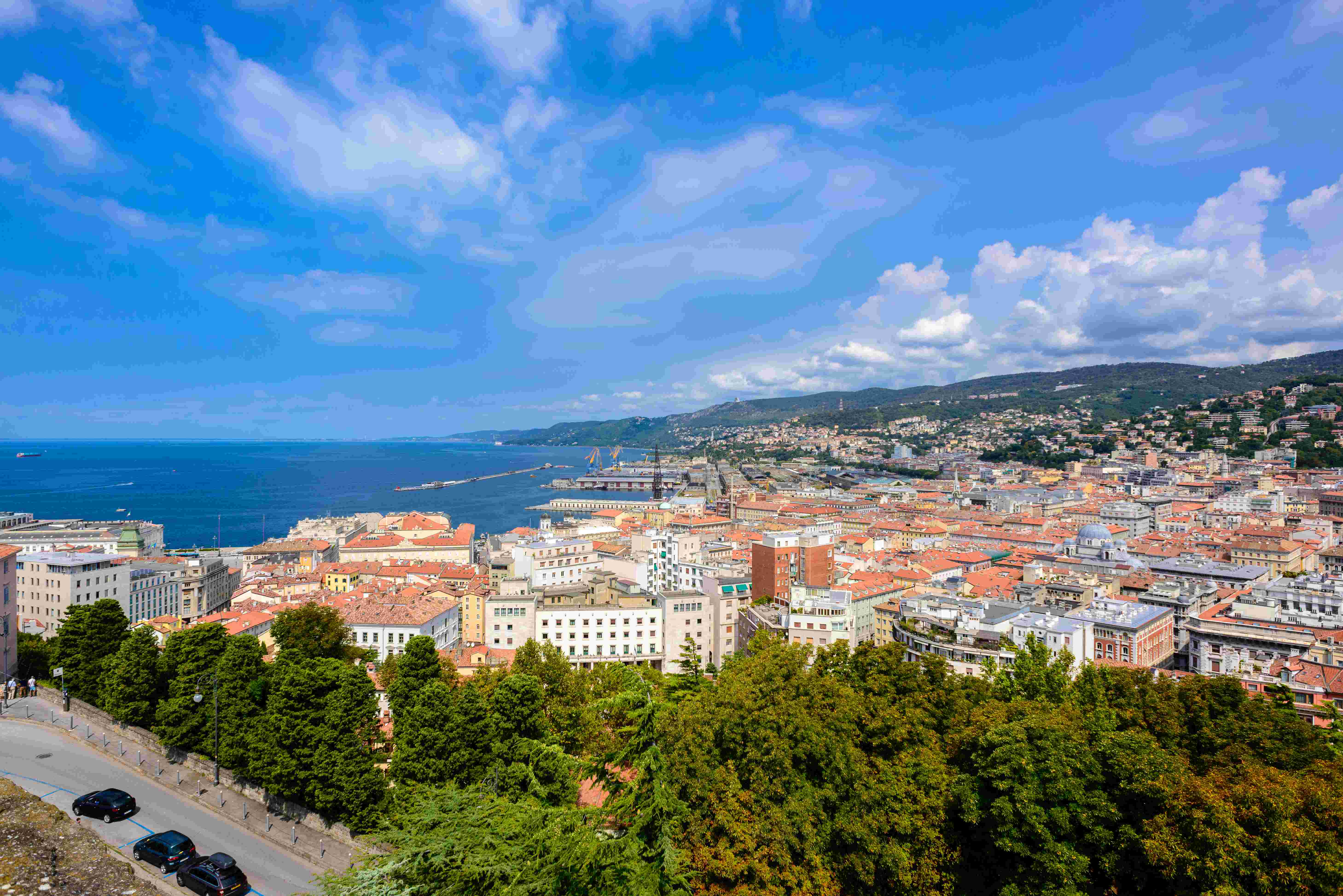 Aerial view of the village of Trieste showing the port as well