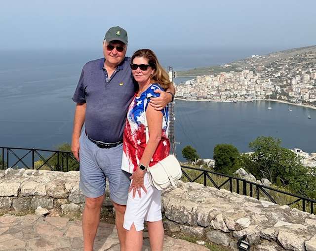 Paul and Robin on hill overlooking Sarande, Albania, known as the Albanian Riviera