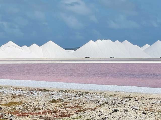 White Bonaire Salt Mountains behind a sand beach with pink water