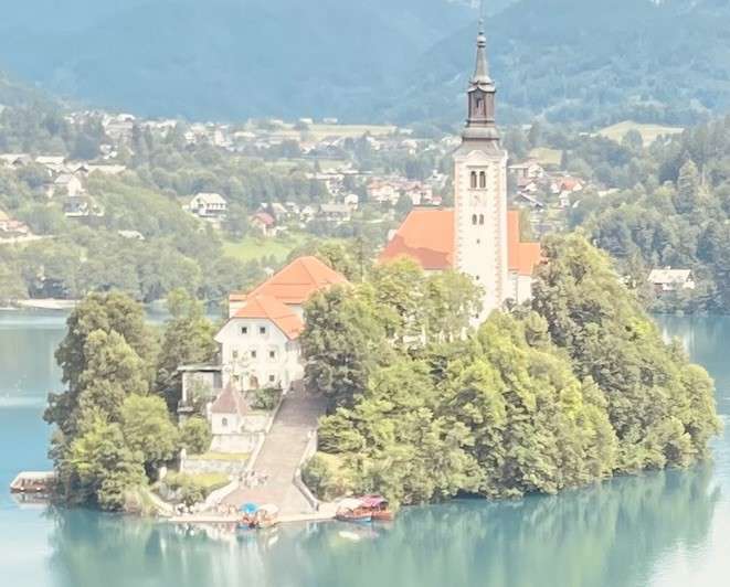 Church and outbuidings on island in Lake Bled, Slovenia