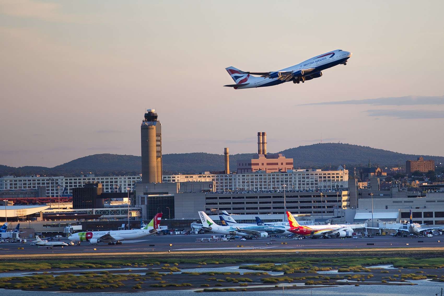 Airplane taking off from Logan Airport