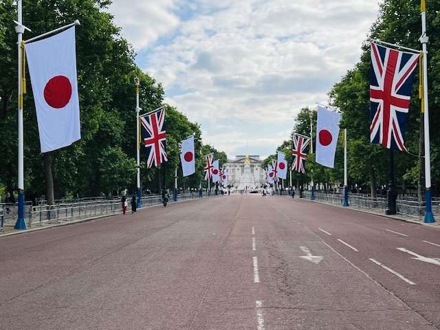 Flags for arrival of Japan Emperor in London