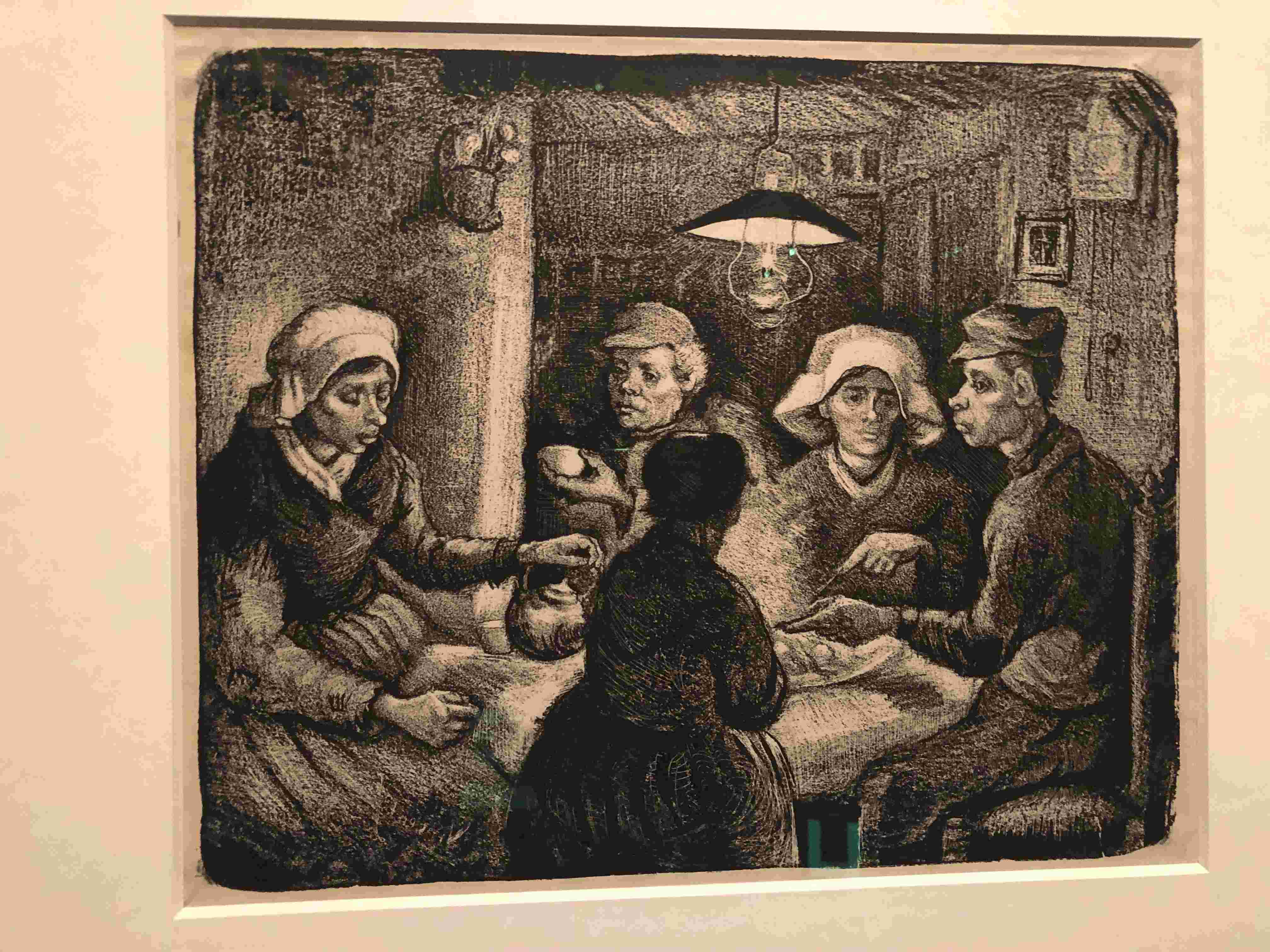Black and white painting of five people with potatoes and a hanging lamp illuminating their table in Amsterdam