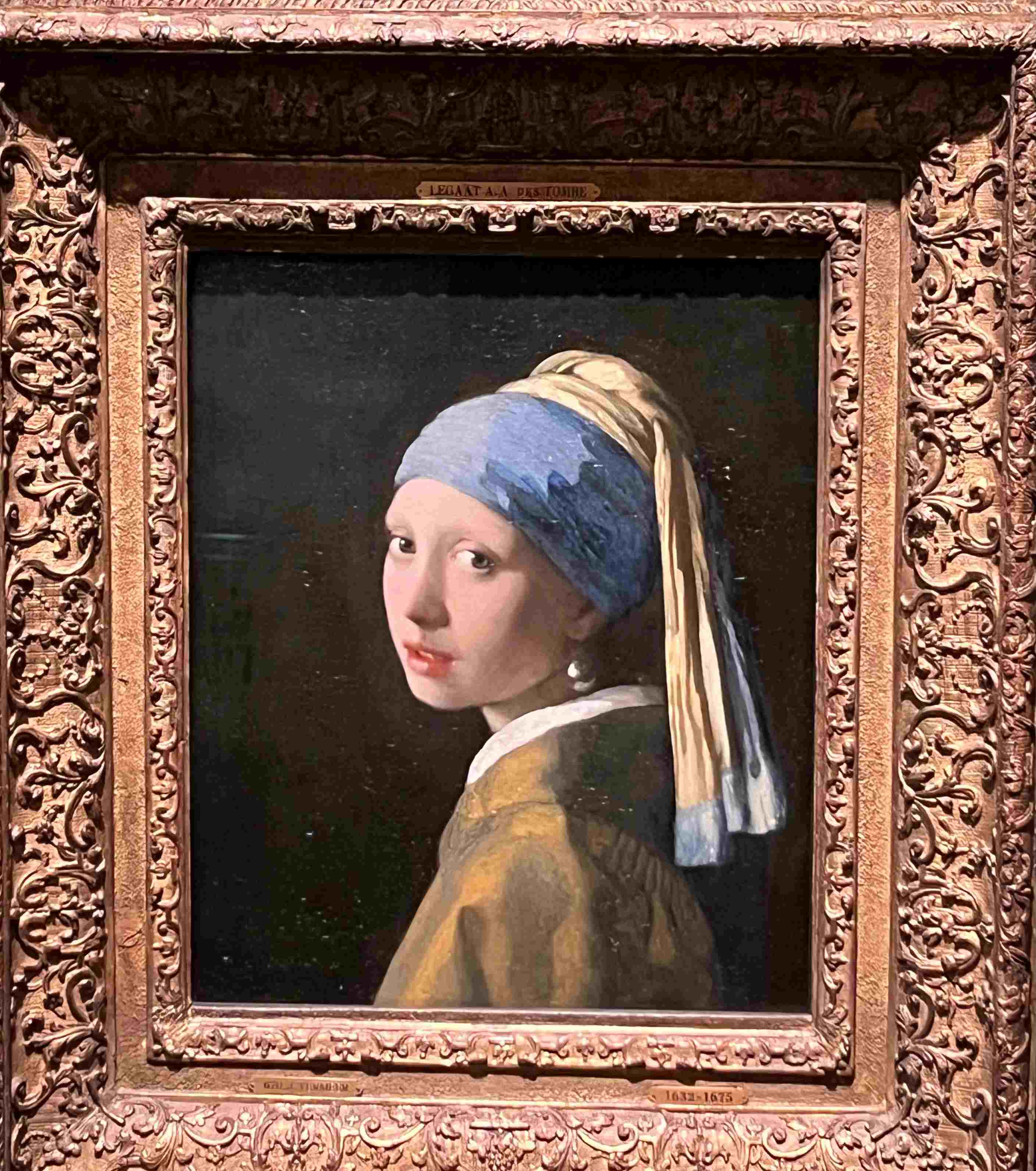 Portrait of a Girl with the Pearl Earring, a blue head scarf against a black background found in the Hague