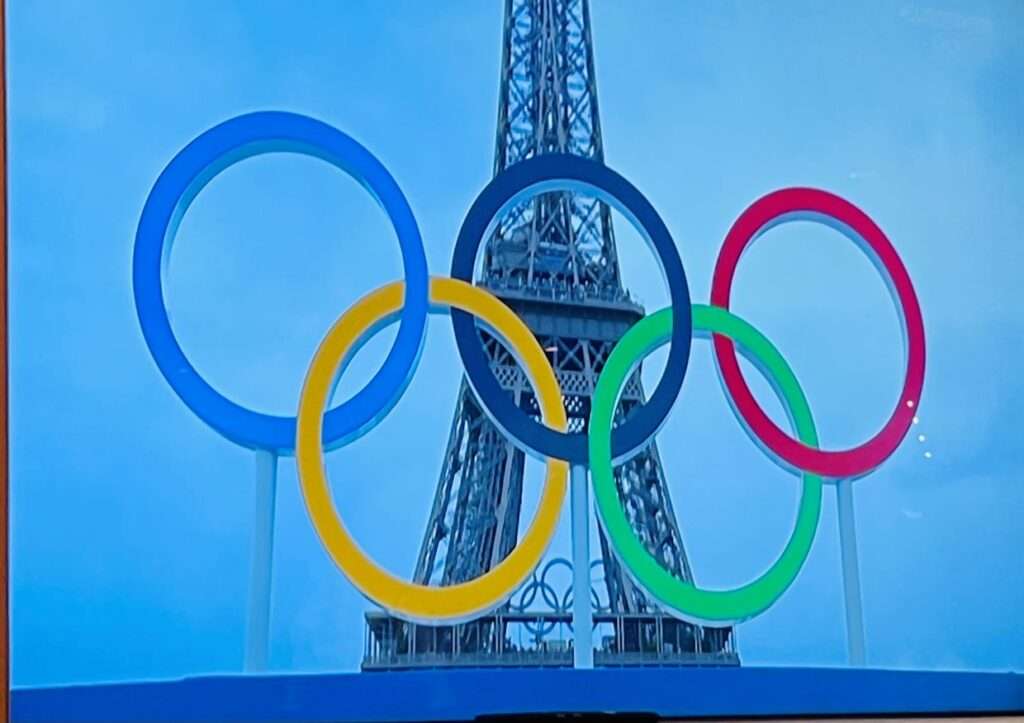 Olympic rings in front of Eiffel Tower