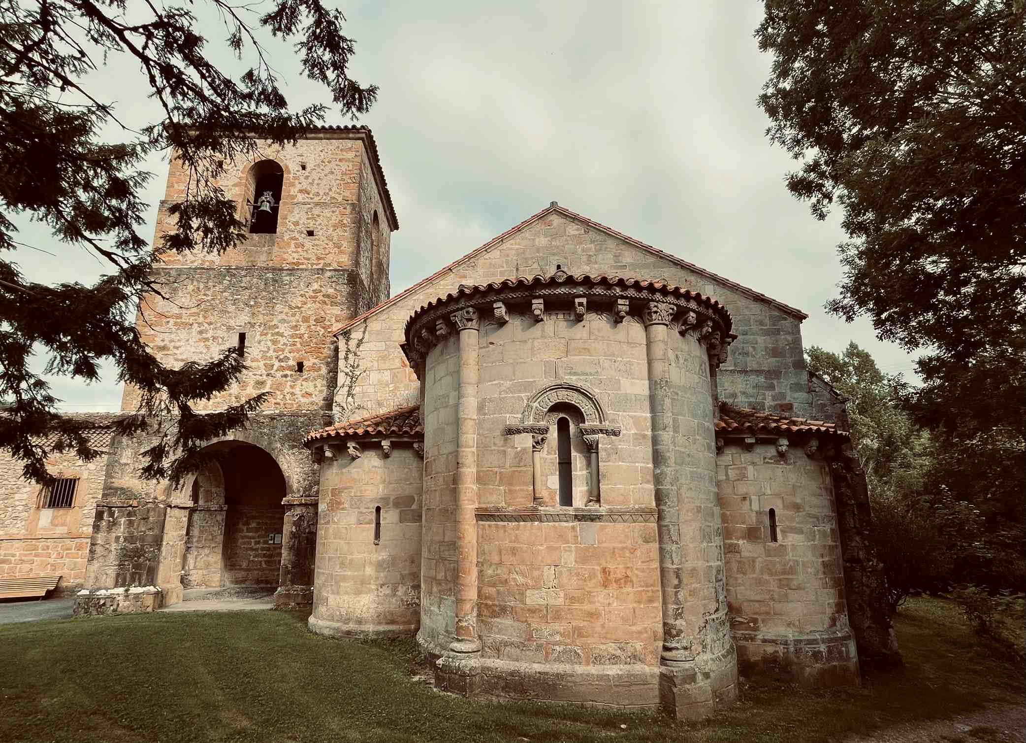 Stone Parador in Northern Spain with round turret and bell tower