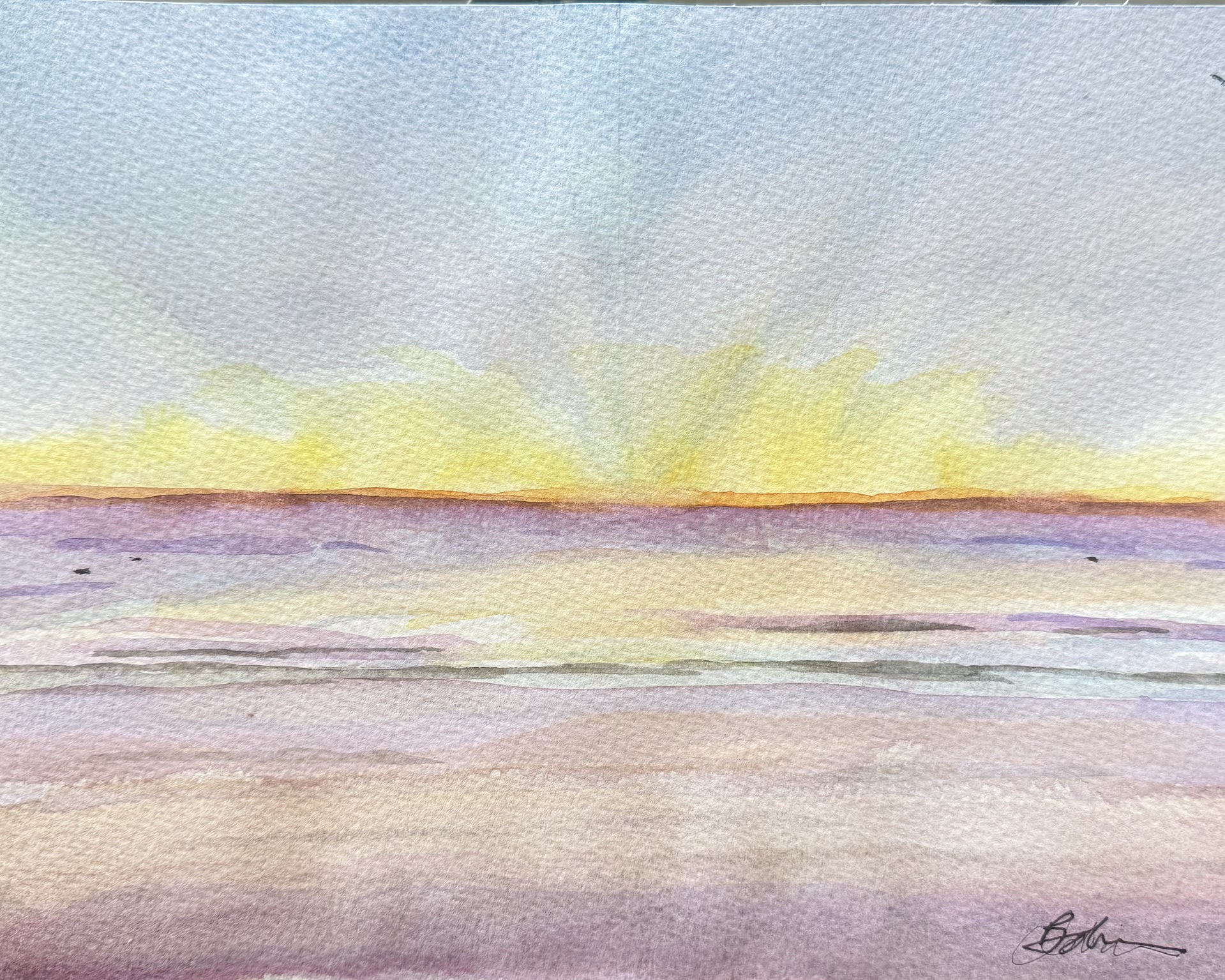 Watercolor painting of a tranquil ocean sunrise.