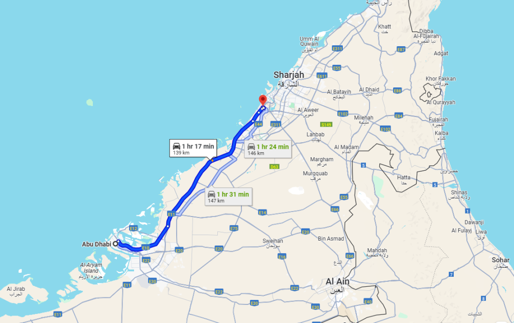 How far from Abu Dhabi to Dubai