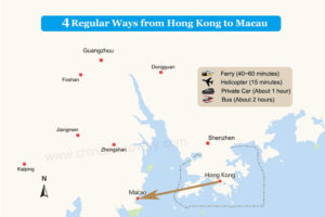 Map showing travel options Hong Kong to Macau.