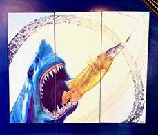 Shark and shrimp artwork on three panels.