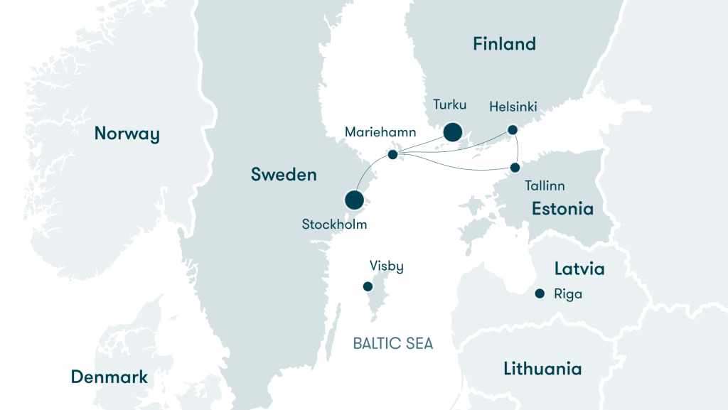 Map of Baltic Sea region, cities marked. Stockholm to Helsinki