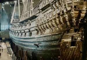 Historic wooden ship in museum exhibit