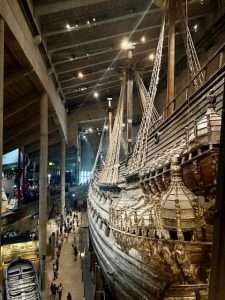 Historic wooden ship exhibit in a museum