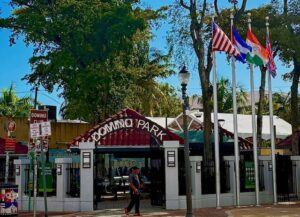 Domino Park entrance with flags and trees visible.