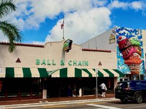 Ball & Chain bar with colorful mural on Miami street, hot times in Little Havana