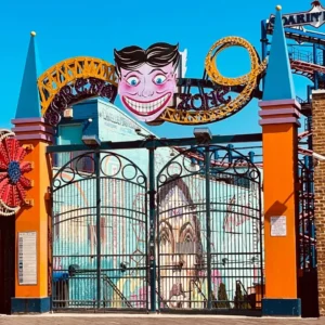 Entrance to Coney Island amusement park, vibrant and colorful.