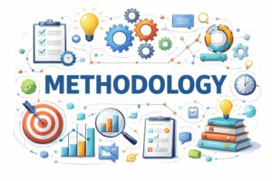 Methodology concept with charts, books, and diagrams.