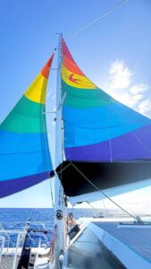 Colorful sails on a sailboat in sunny ocean.
