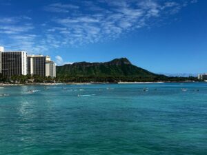 Waikiki Beach with Diamond Head view, sunny day.