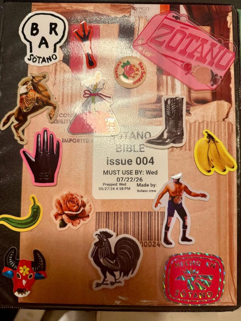 Colorful stickers on brown paper with labels and barcode.