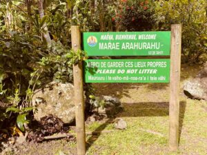 Sign welcomes to Marae Arahurahu, Tahiti.
