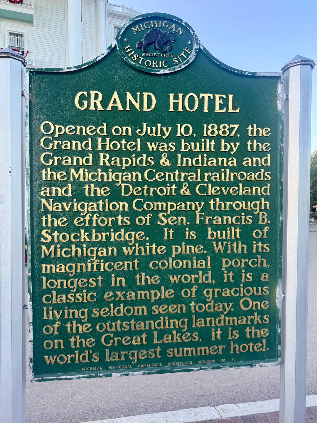 Grand Hotel historic marker, Michigan's largest summer hotel.