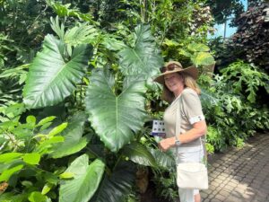 Woman standing beside large tropical plants in garden.
