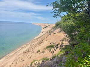 Scenic view of beach and cliffs with greenery.