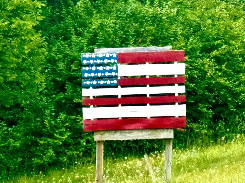 Wooden American flag sign in grassy area.