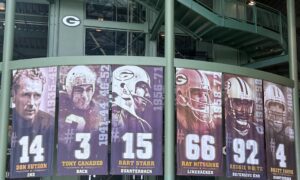 Green Bay Packers legendary player banners at stadium.
