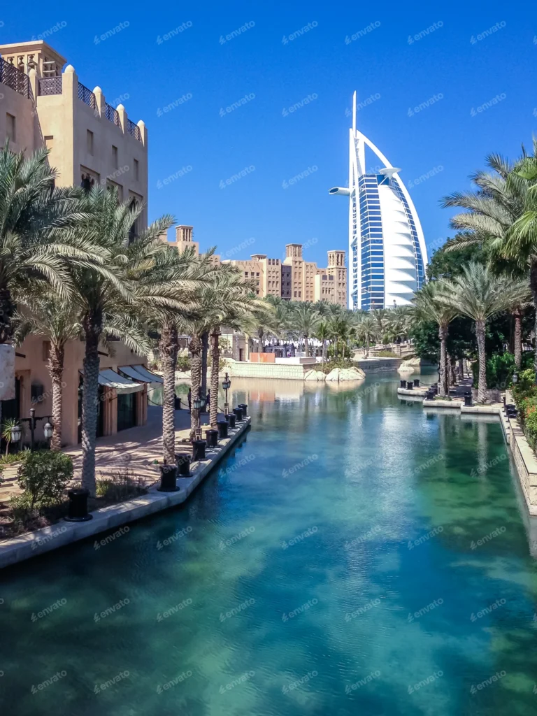 Dubai luxury hotel near palm-lined canal